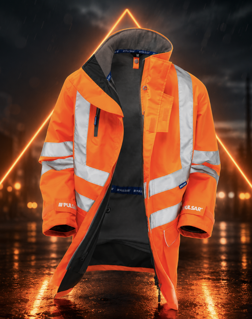 Photo of our fantastic Pulsar Protect HV Orange Mesh Lined Storm Coat