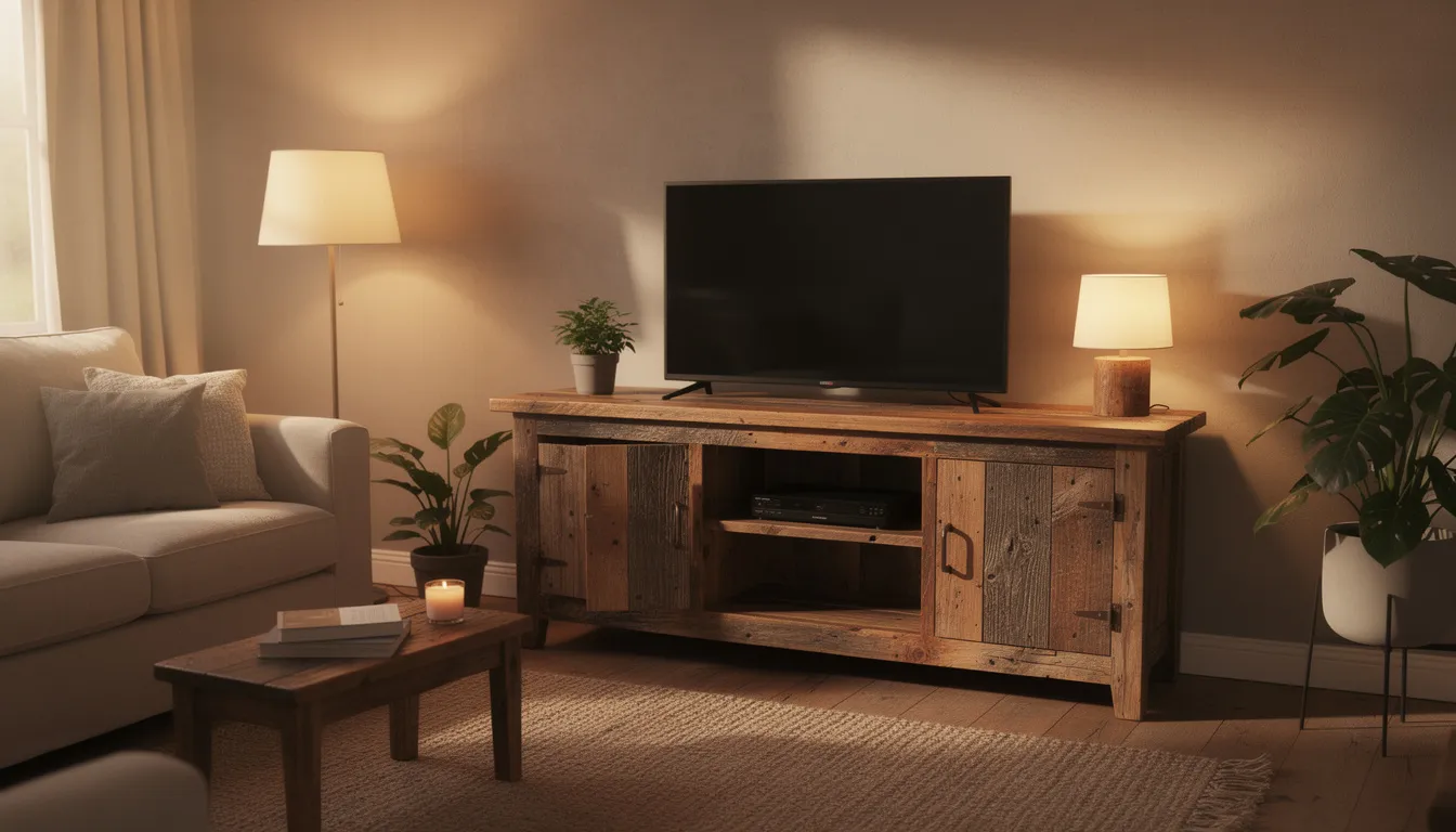 Oud houten tv meubel: karaktervol middelpunt in je woonkamer Een rustiek robuust houten tv meubel staat in een warme woonkamer, omringd door zachte verlichting die een gezellige sfeer creëert. Het meubelstuk heeft een unieke uitstraling, gemaakt van robuust hout, en biedt ruimte voor apparatuur en accessoires.