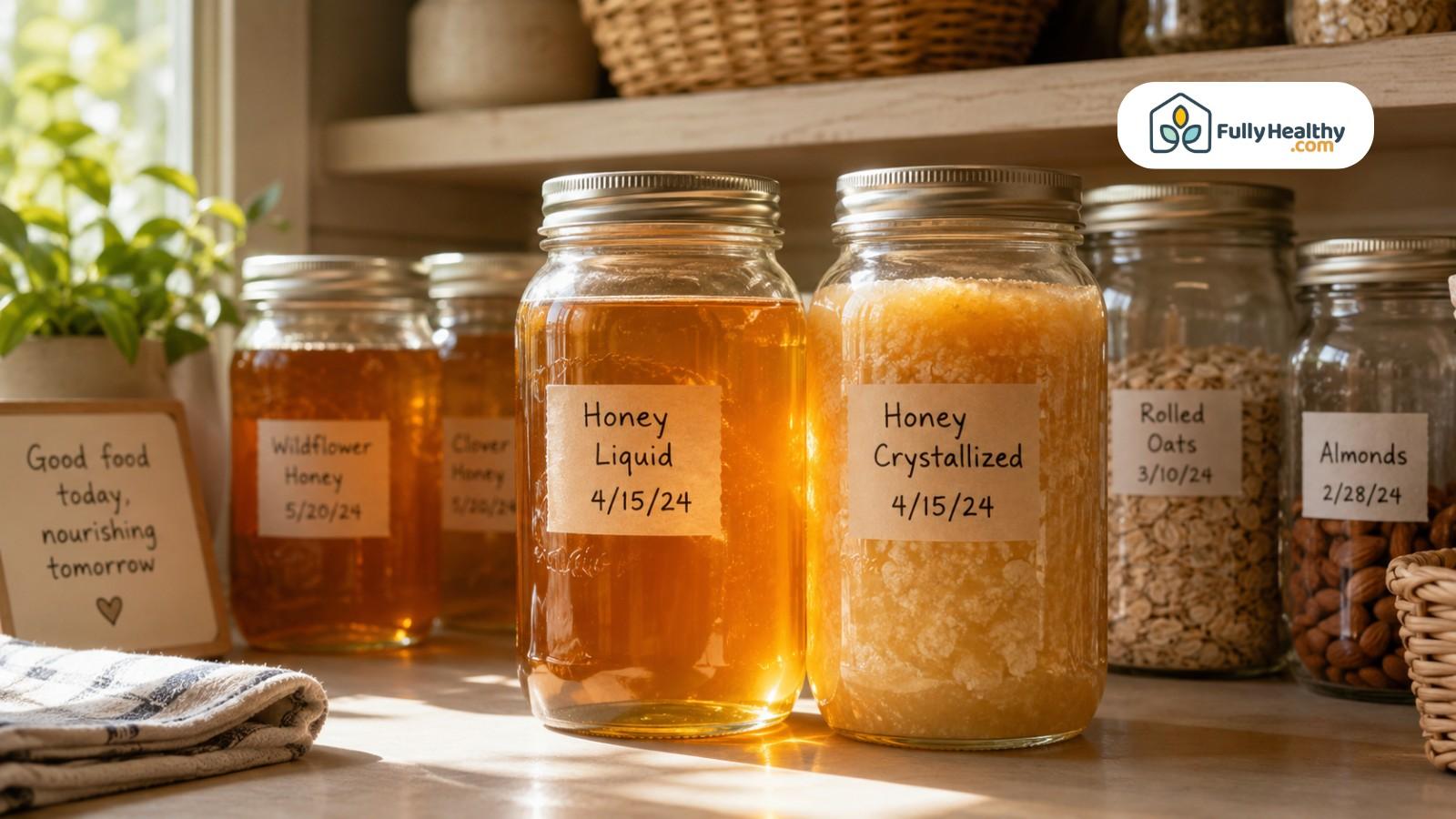 Jars showing liquid and crystallized honey labeled on sunny kitchen shelf