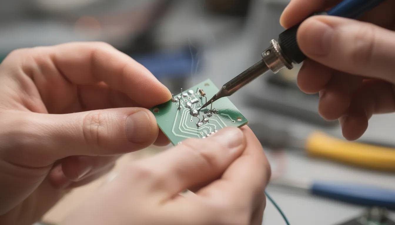 A pair of hands is holding a soldering iron, carefully working on a small green circuit board that features various electronic components. The scene captures the intricate process of DIY electronics, which could be relevant for creating control systems for home saunas or adding infrared emitters for enhanced functionality.