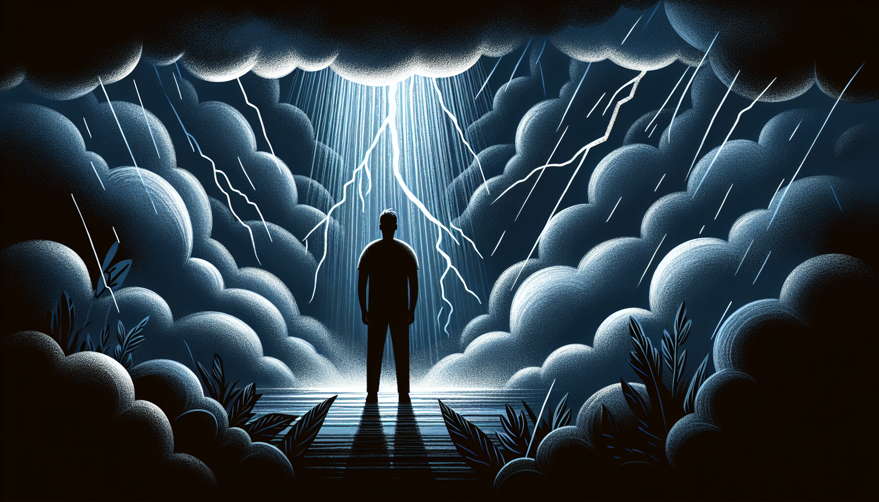 Illustration of a person surrounded by dark clouds, symbolizing trauma and emotional turmoil