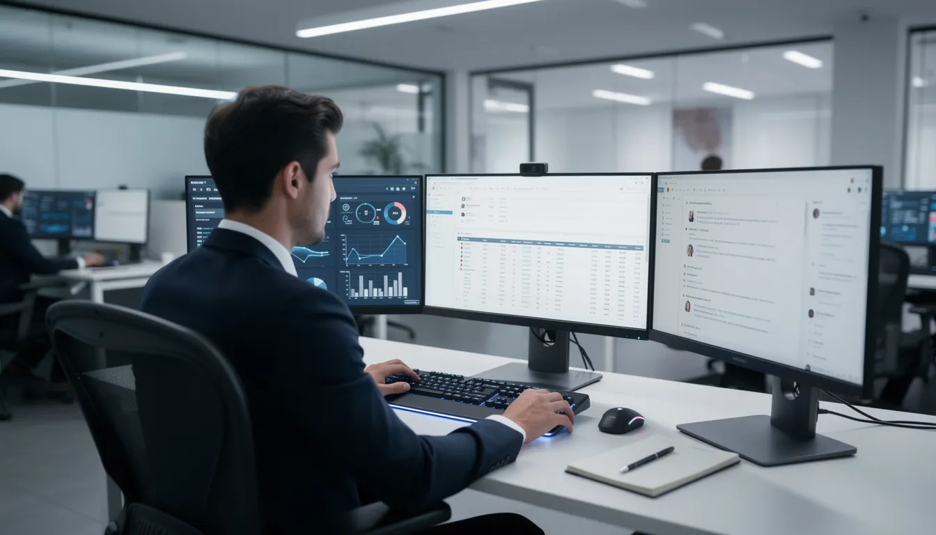 A professional is seated at a computer station, surrounded by multiple monitors displaying various data and documents, showcasing the integration of artificial intelligence and machine learning in their work. This setup reflects the operational efficiency and problem-solving capabilities essential in the TIC industry.