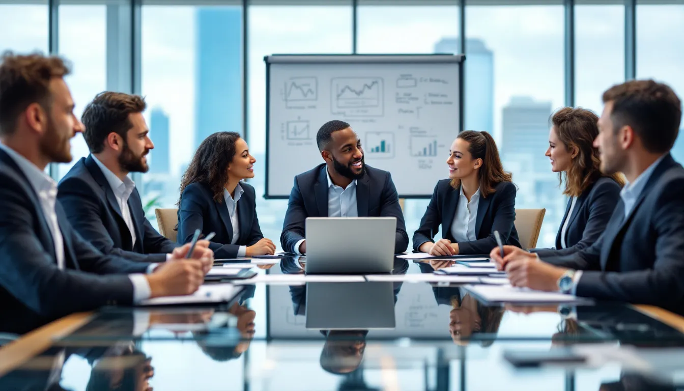 A team of professionals is engaged in a business consultation meeting, discussing strategies for potential business buyers and financial buyers interested in business acquisitions. They are reviewing financial statements and cash flow reports to ensure a smooth transition for small businesses in the competitive market.