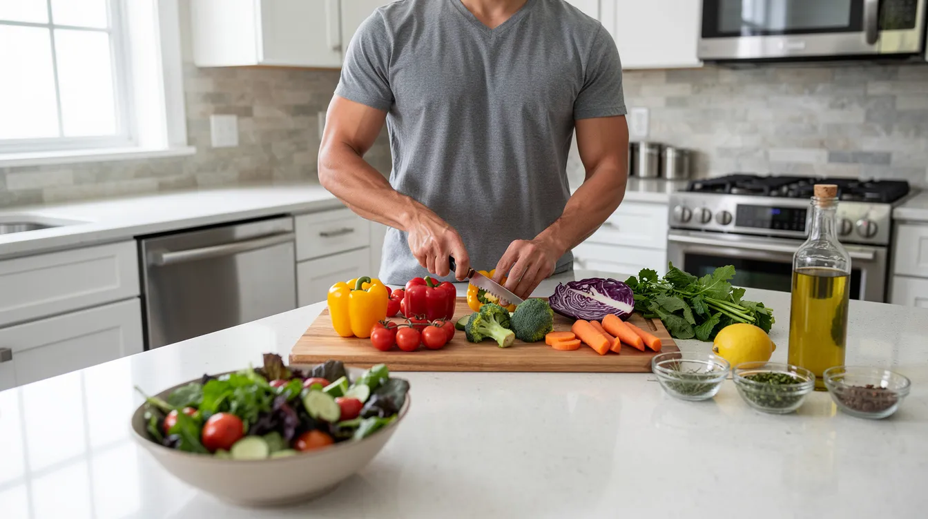 A person is preparing a healthy meal in a modern kitchen, surrounded by an array of colorful vegetables that reflect a commitment to overall health and wellness. This scene highlights the importance of diet and lifestyle choices in influencing one&rsquo;s biological age and promoting longevity.