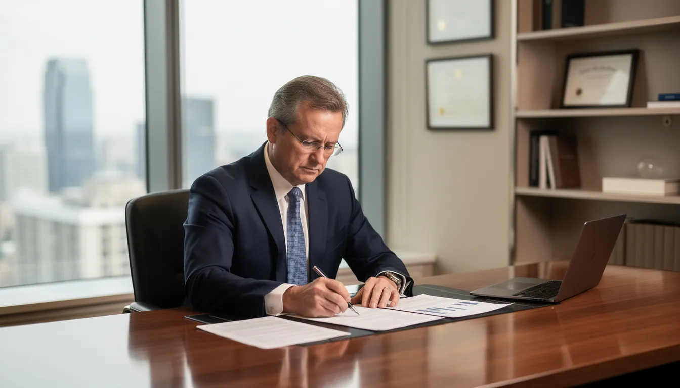 A mature business professional is seated at a polished desk in a well-appointed office, intently reviewing important documents related to retirement plans and investment options. The setting conveys a sense of financial well-being and the importance of informed decisions regarding retirement savings and employee contributions.