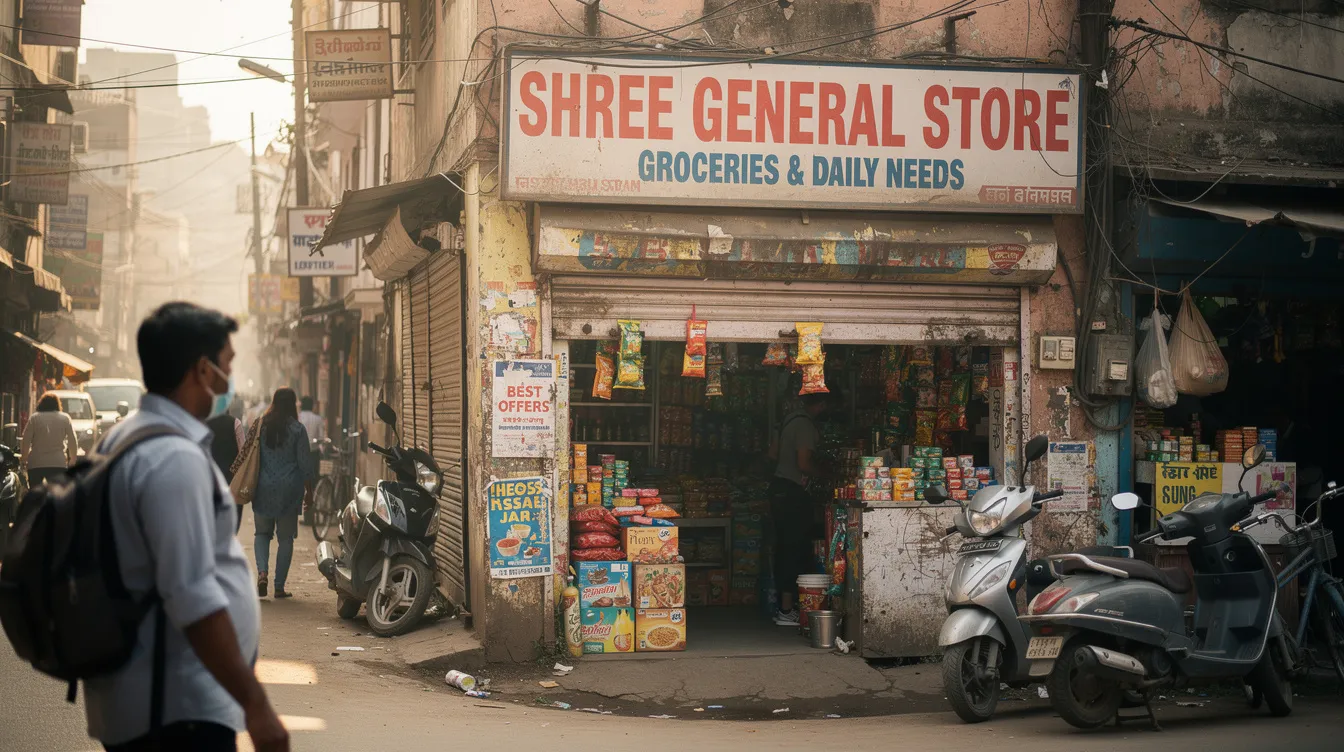 7852e8f7 8365 4844 bf06 41f9bd5c1af9 The image depicts a small Indian shop situated on a bustling market street, with a signboard prominently displayed. This shop represents the vibrant atmosphere of local businesses, where entrepreneurs often seek financial assistance through schemes like the Mantri Mudra Yojana for their operations.