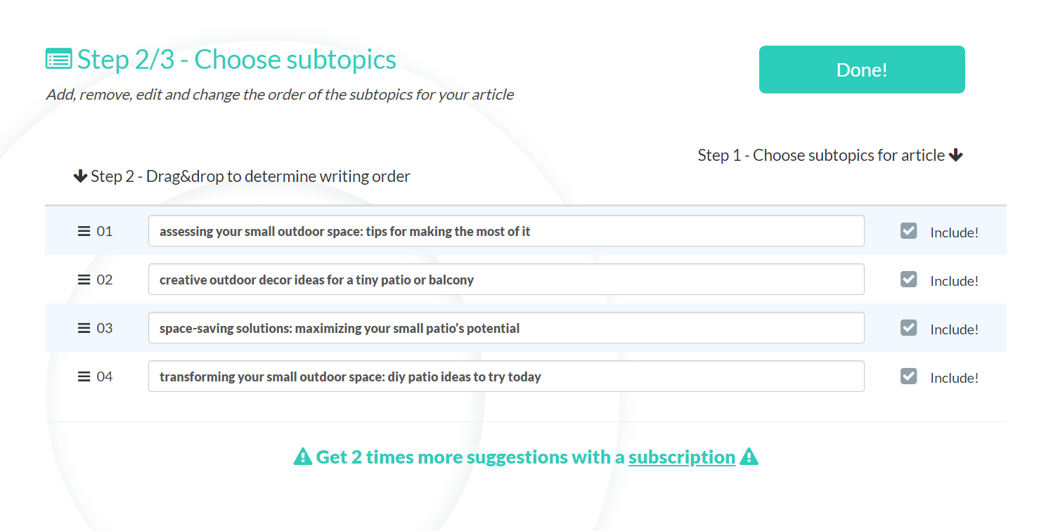 AI Writer - Choose subtopics 