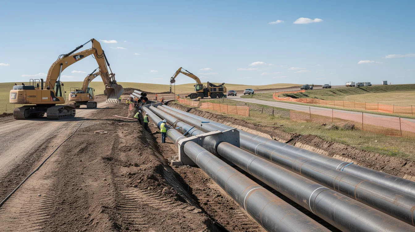 The image depicts construction equipment actively working alongside a partially completed natural gas pipeline in an open field, highlighting the ongoing energy infrastructure projects in the oil and gas industry. This scene illustrates the development and project financing involved in energy project development, emphasizing the efforts of project developers in the energy sector.