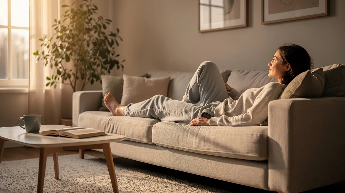 A person is comfortably relaxing on a couch in a serene living room, surrounded by soft lighting and cozy decor. The atmosphere promotes a sense of well-being, reminiscent of the calming effects associated with naturally occurring cannabinoids like THCP, known for its potential benefits in pain relief and mental health.