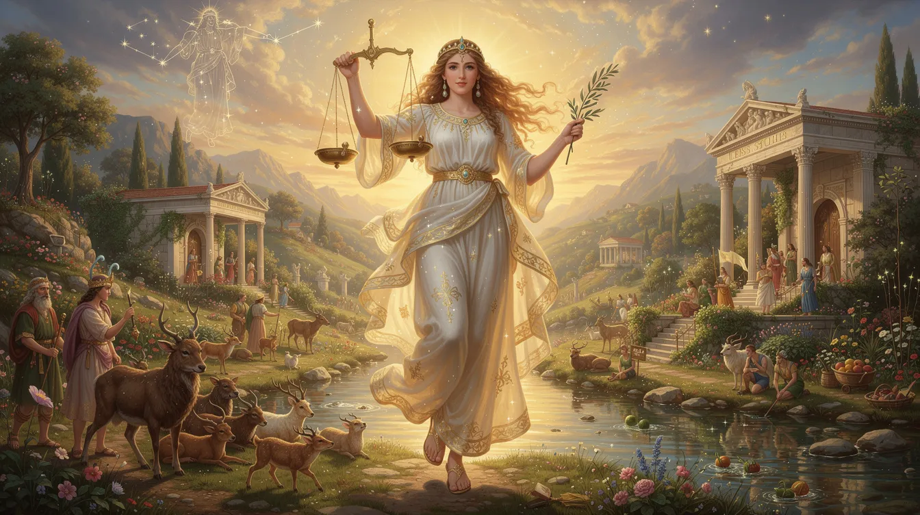 The image depicts Astraea, the Greek goddess of justice, embodying the ideals of the Golden Age, surrounded by celestial elements like stars and the moon. As a representation of the constellation Virgo, she holds the scales of justice, symbolizing purity and divine retribution, while embodying the virtues of truth and harmony in the heavens.
