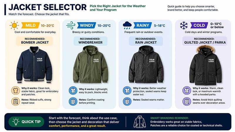 Jacket selector infographic showing recommended jacket types for mild, windy, rainy, and cold weather.