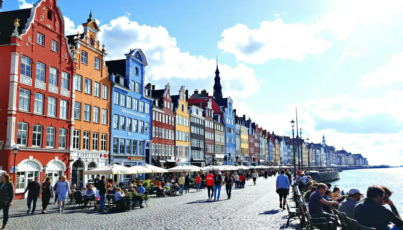 The image depicts a vibrant waterfront promenade in Gdansk, lined with colorful historic buildings and bustling with people enjoying the lively atmosphere. This popular tourist destination, located near the Baltic Sea, showcases the city's rich history and is perfect for activities like a stag weekend or a private guided bar crawl.