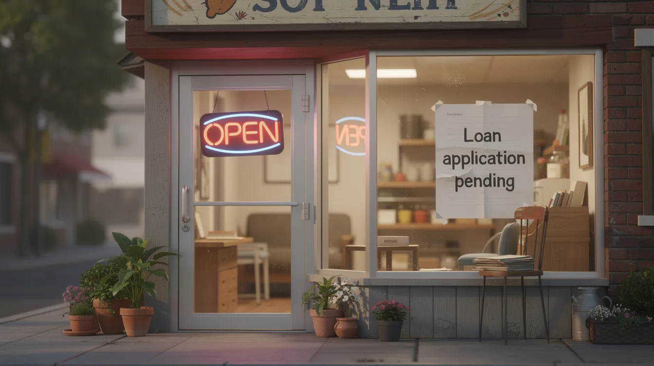 The image depicts a small shop with an "open" sign, symbolizing a small business eagerly awaiting loan processing from a bank or financial institution. This scene reflects the aspirations of micro enterprises seeking financial assistance through business loans under schemes like the Pradhan Mantri Mudra Yojana.