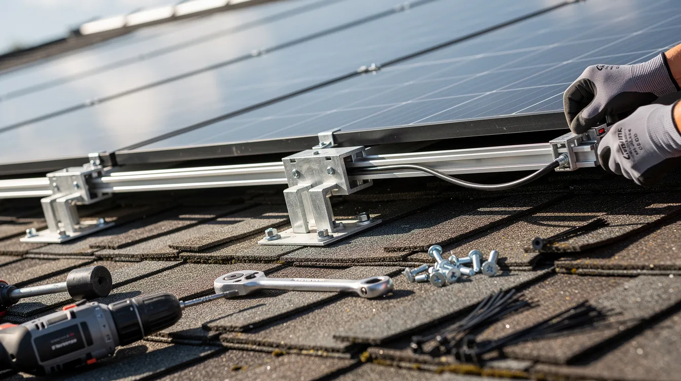 Die Nahaufnahme zeigt eine PV-Installationsszene auf einem Hausdach, wo Solarmodule, Montageschienen und Werkzeug zu sehen sind. Diese Installation von Photovoltaikanlagen ist ein wichtiger Schritt für Betreiber von PV-Anlagen, um umweltfreundlichen Strom zu erzeugen und von der Mehrwertsteuerbefreiung zu profitieren.