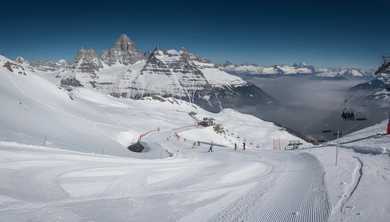 Das Bild zeigt eine panoramische Aussicht auf schneebedeckte Alpenberge mit gut präparierten Skipisten unter einem strahlend blauen Himmel. Diese beeindruckende Winterlandschaft ist ideal für einen Skiurlaub, in dem Familien und Freunde viel Spaß beim Skifahren und anderen Aktivitäten im Skigebiet haben können.