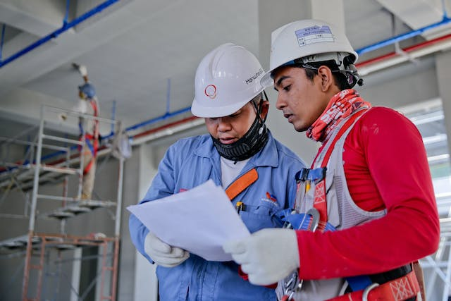 A fleet manager and technician looking over a work order; Any fleet manager's responsibility includes minimizing downtime for fleet of vehicles undergoing maintenance. Preventive maintenance can ensure fleet efficiency during routine maintenance.