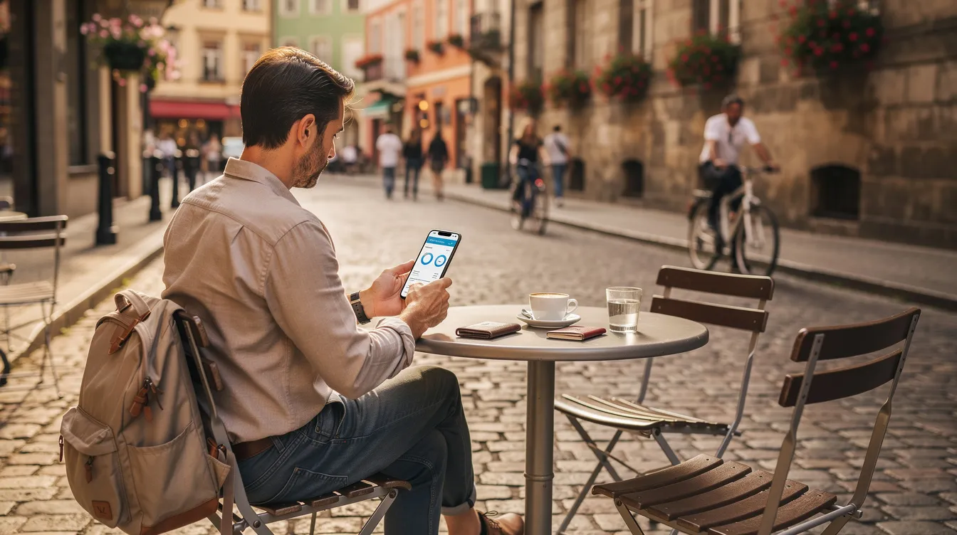 A traveler is seated at a charming European-style street cafe, using their mobile phone to access banking services, possibly for a quick loan application or checking their loan approval status. The scene captures the blend of modern technology and classic ambiance, highlighting the convenience of online banking while enjoying a leisurely moment.