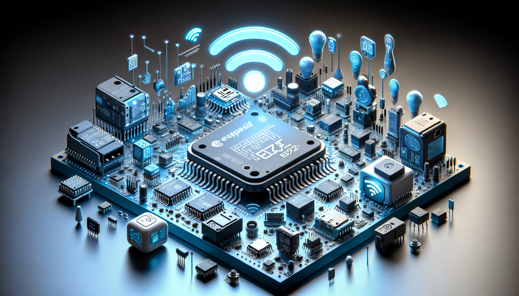 Espressif Systems ESP8266 and ESP32 microcontrollers with Wi-Fi symbol