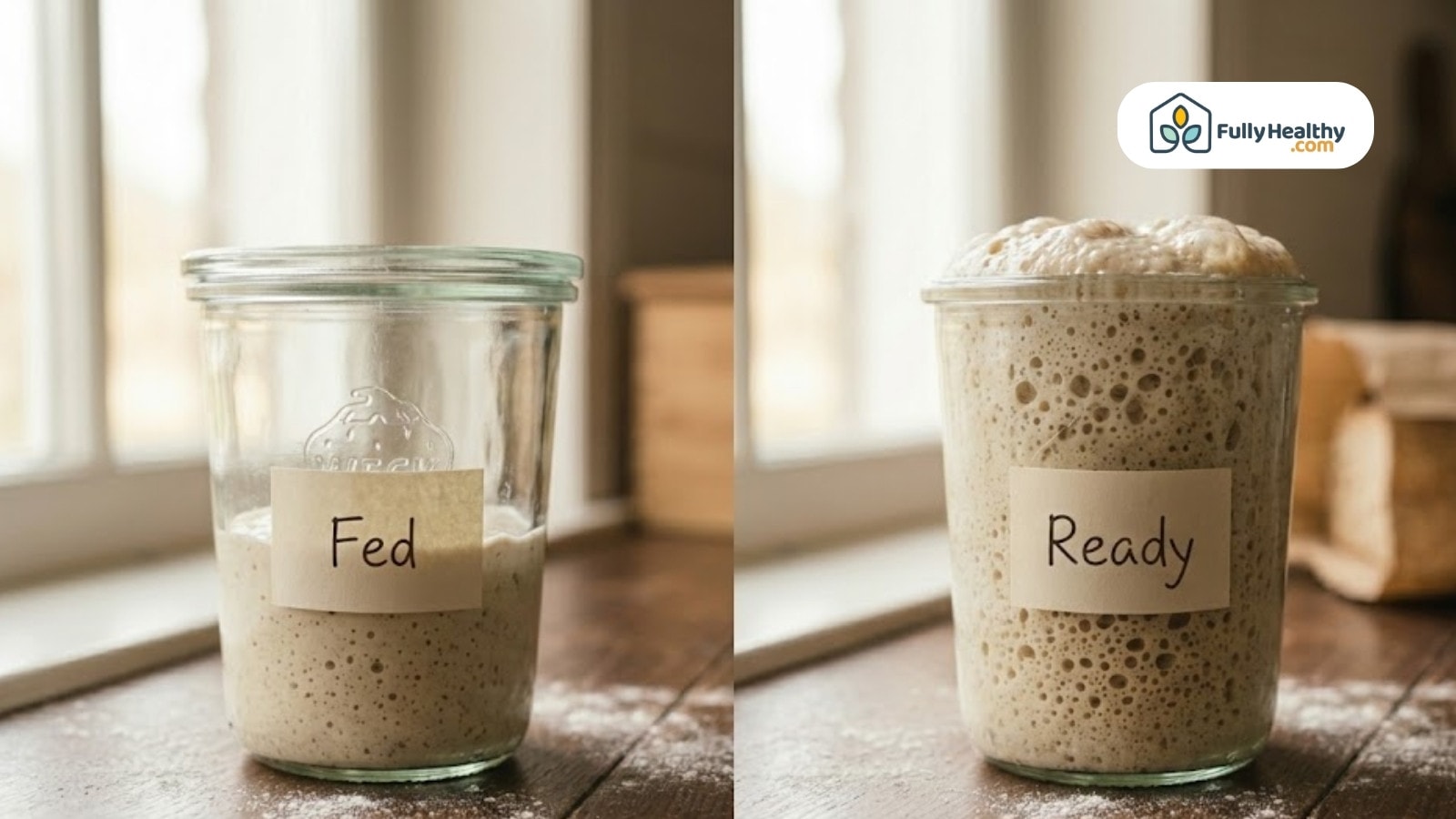 Fed and ready sourdough starter jars side by side