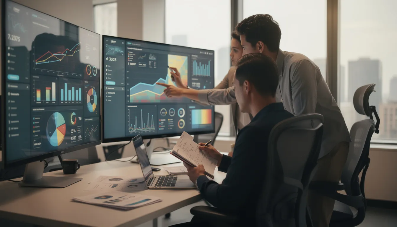 The image shows a diverse group of cybersecurity professionals intently analyzing data visualizations displayed on multiple computer monitors, highlighting their collaborative efforts in addressing critical challenges in the cybersecurity workforce. This scene reflects the importance of training programs and career opportunities that align with emerging technologies and the evolving demands of the job market.