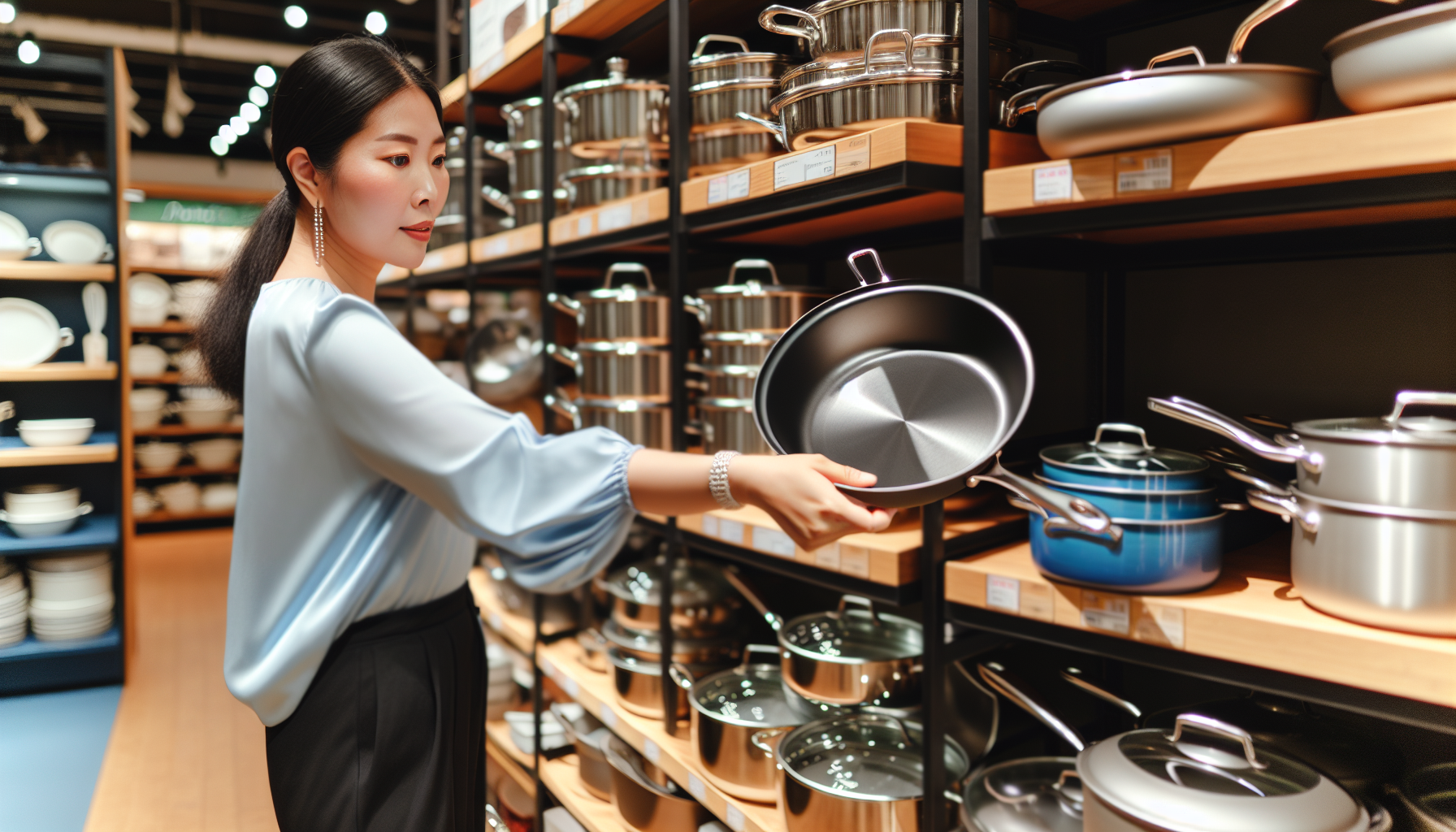 Person selecting a deep skillet from a shelf in a cookware store