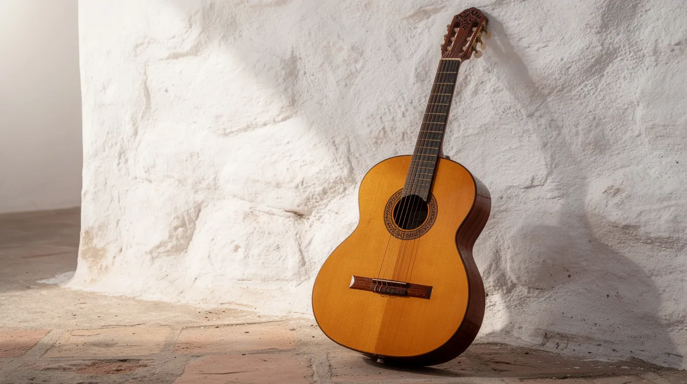 The image features a traditional Spanish guitar adorned with intricate wooden details, leaning against a whitewashed wall that reflects the charm of Spanish culture. This instrument symbolizes the rich history of flamenco music and the artistic heritage of Spain, resonating with the contributions of renowned Spanish artists like Paco de Lucía.