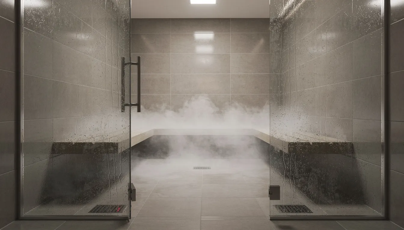 The image depicts a serene steam room with steam rising gently in the air, surrounded by tiled walls and glass doors. This environment, characterized by high humidity and moist heat, is known for its health benefits, including improved cardiovascular health and stress relief during a steam room session.