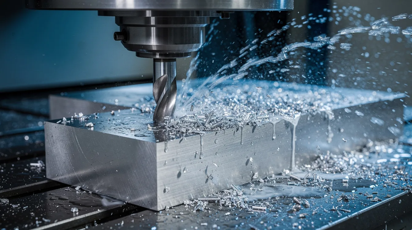 A close-up view of a CNC milling machine actively machining a stainless steel block, with flood coolant spraying across the workpiece to enhance tool life and prevent overheating. The image highlights the precision of the cutting tool as it efficiently removes material, ensuring a high-quality surface finish on the stainless steel parts.