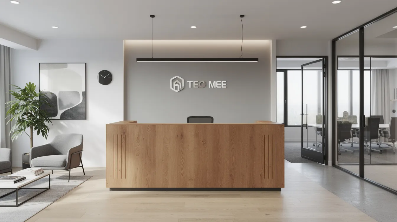 The image depicts a professional office reception area featuring a custom wooden counter that showcases expert craftsmanship, complemented by modern design elements. This space highlights the quality and precision of carpentry services in Dubai, designed to enhance the welcoming atmosphere for clients and visitors.