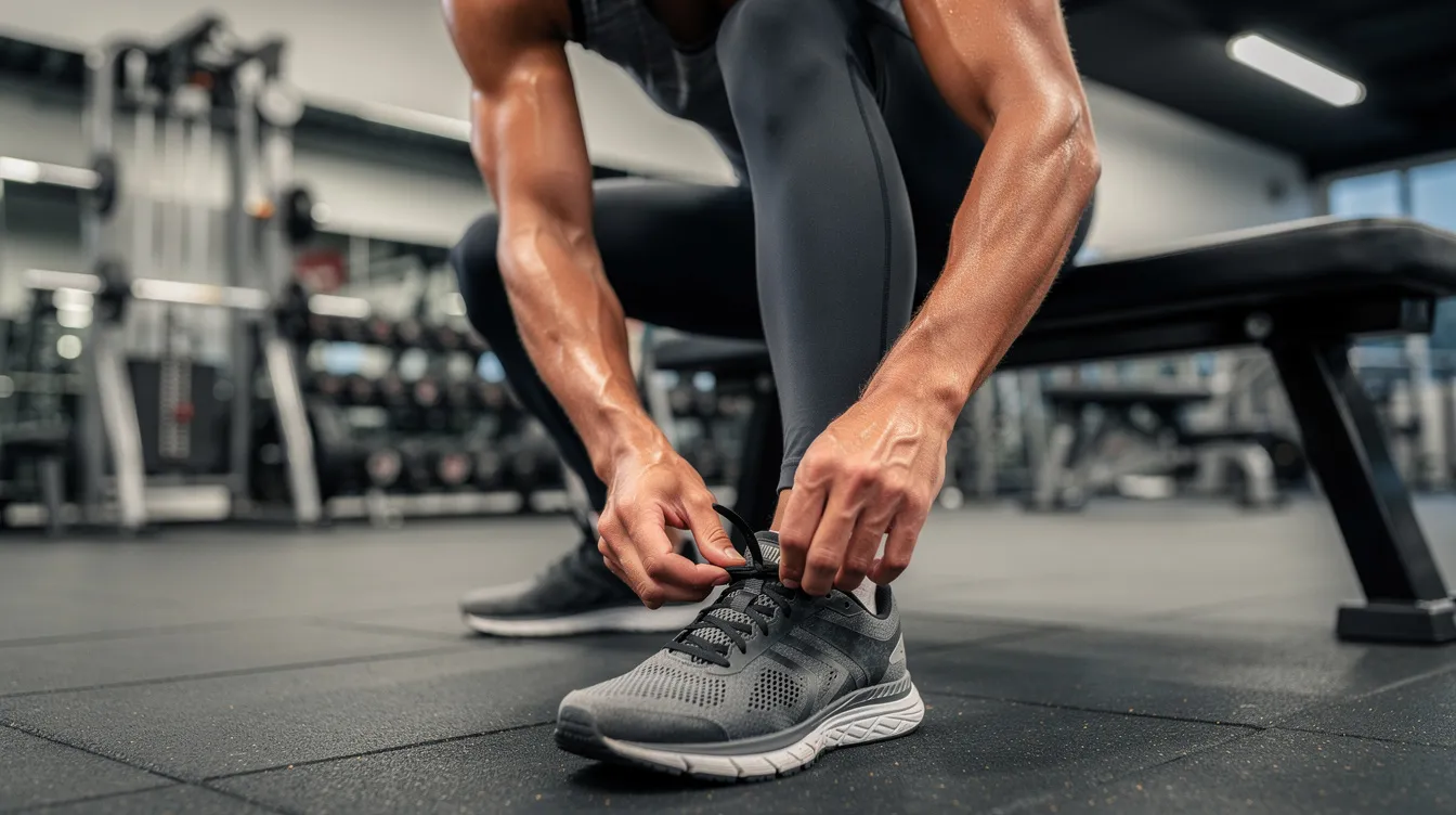A person is kneeling down to tie their running shoes in preparation for a gym workout, focusing on building muscle and improving body composition through resistance training. This act symbolizes their commitment to losing weight and enhancing muscle growth for better exercise performance.