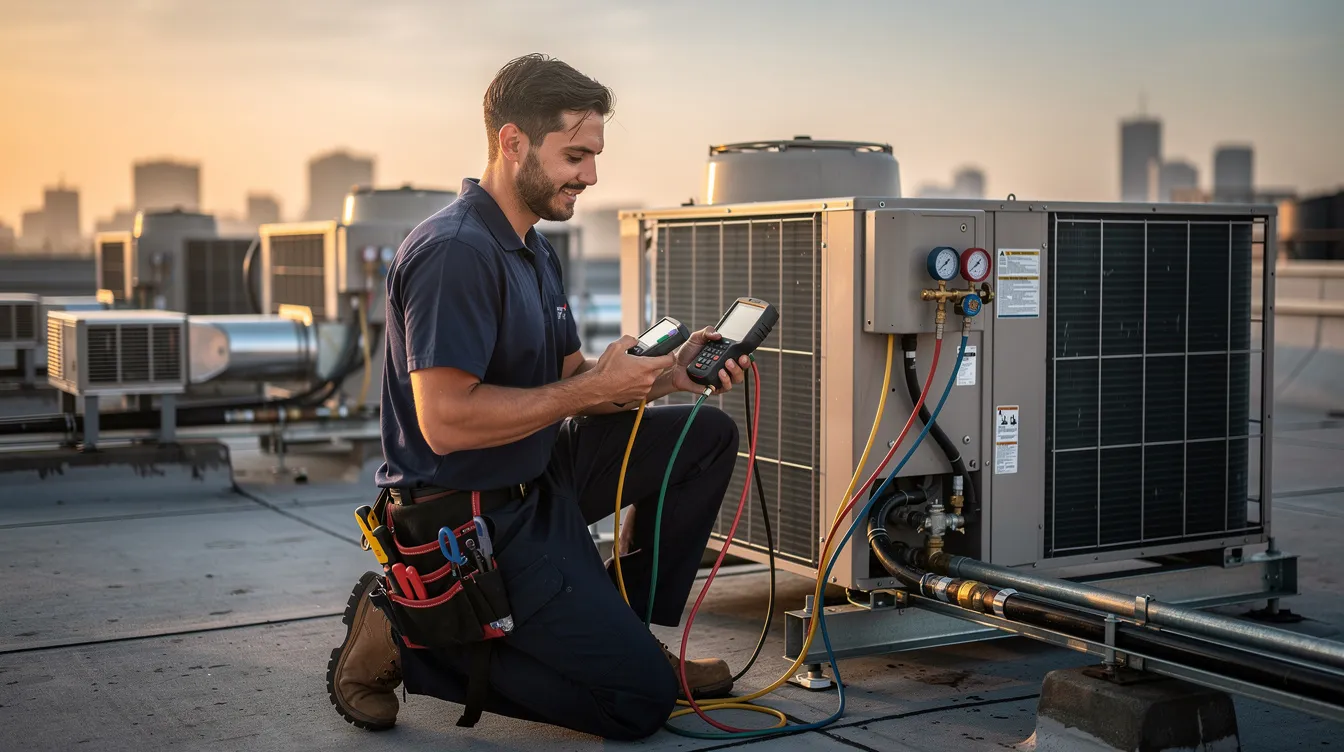 A professional HVAC technician is inspecting a rooftop cooling system during a summer morning, equipped with diagnostic tools and wearing a plain navy shirt. The technician is focused on ensuring the energy efficiency of the HVAC system, contributing to optimal comfort and lower energy costs.