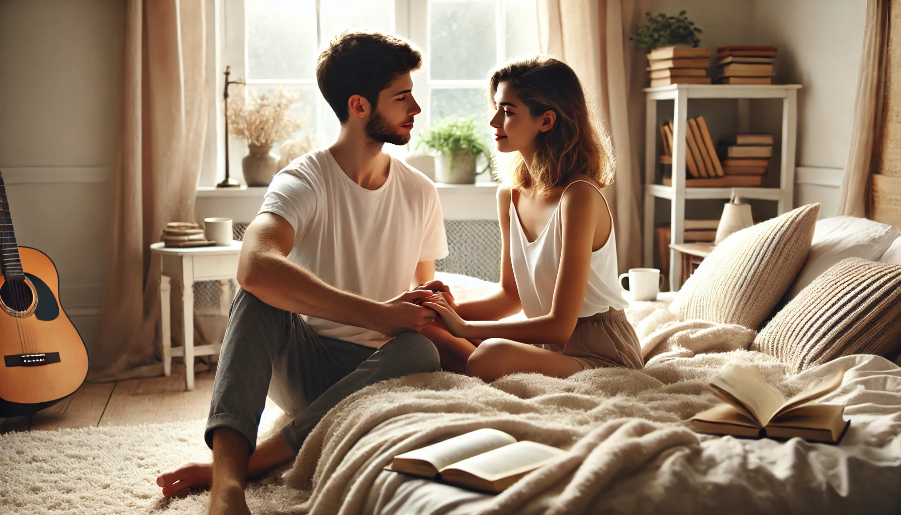 A couple rekindling their passion in a serene bedroom