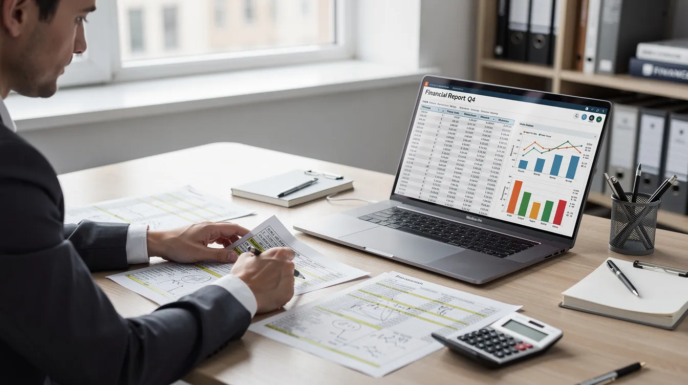 A chartered accountant is seated at a desk surrounded by financial documents and a laptop displaying spreadsheets, focused on analyzing data to optimize hotel revenue management strategies and enhance the financial performance of the hospitality business. The workspace reflects a professional atmosphere, essential for managing revenue streams and improving guest satisfaction in the hotel industry.