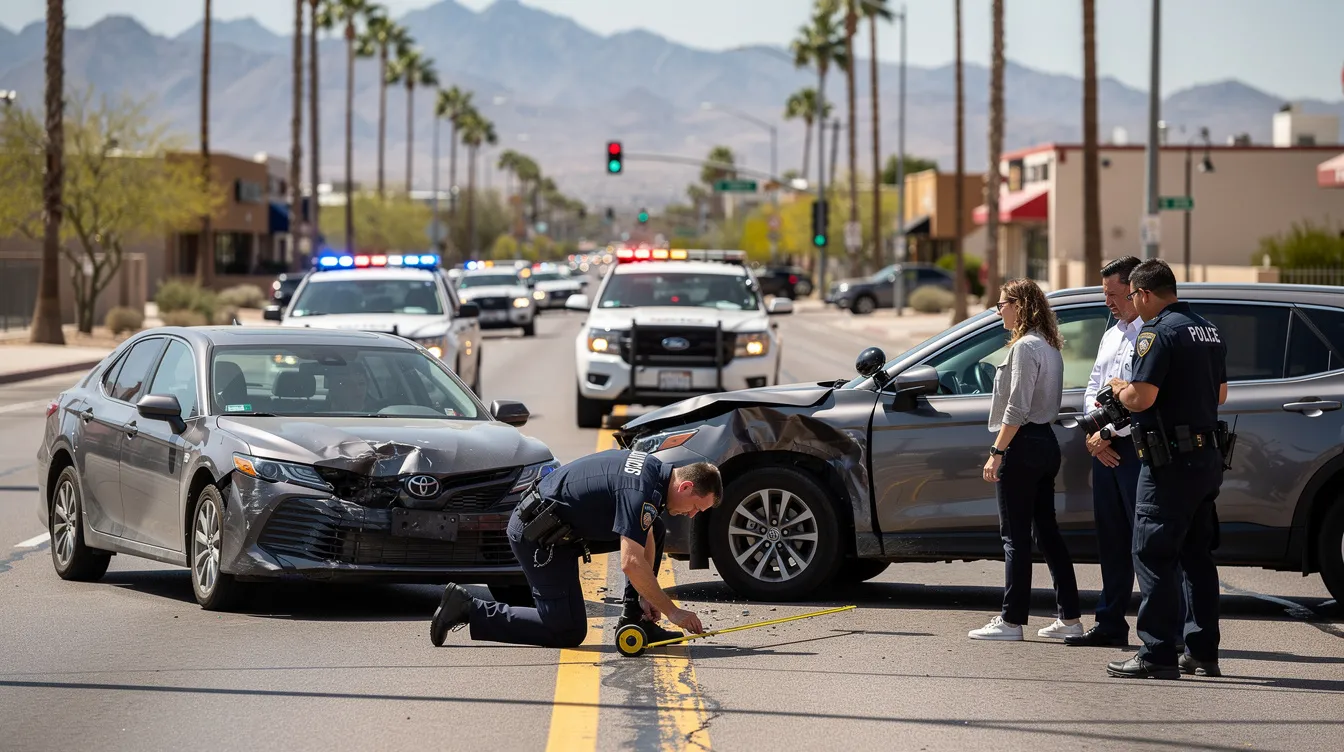 The image depicts a Phoenix car accident investigation scene with two damaged vehicles on a city street. A police officer is measuring skid marks while another photographs the damage, as nearby drivers converse with officers, all set against a backdrop of desert mountains and palm trees.