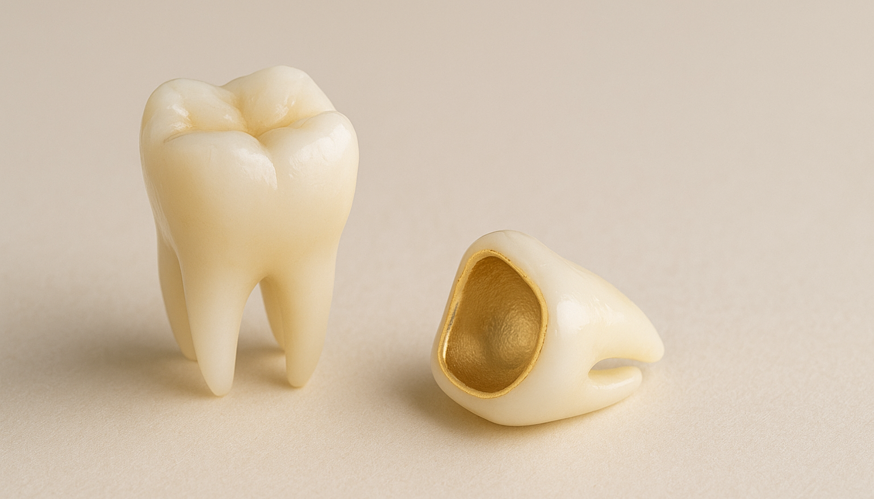 Tannkrone: Når tannen trenger ekstra styrke 12 Nærbilde av tann og gullfôret krone som symboliserer tannbehandling for styrke og beskyttelse.