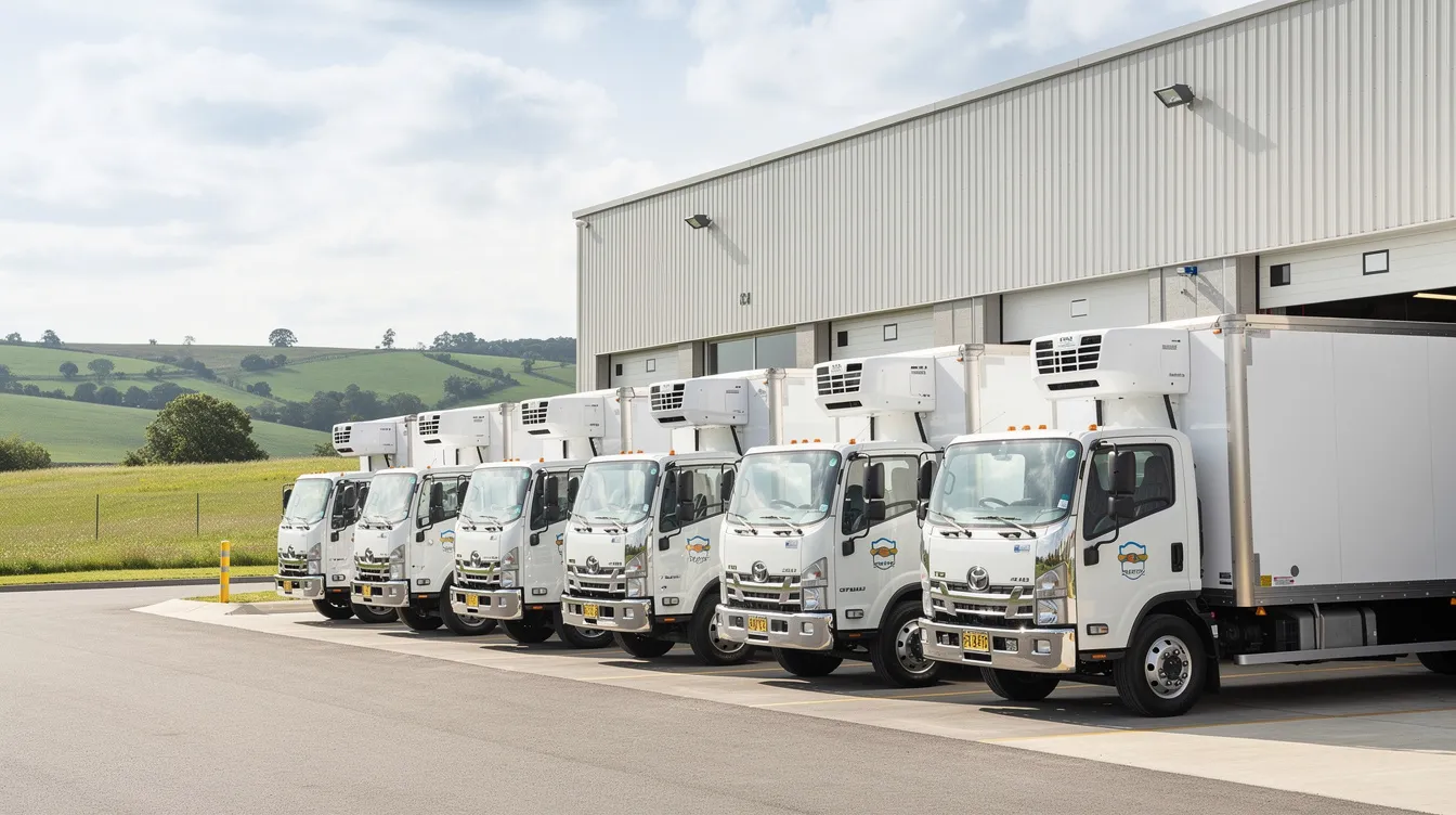 7870cbf3 f2b3 484f 91c4 8e88581a2047 A row of white refrigerated delivery trucks is parked outside a dairy plant warehouse, with lush green countryside in the background. These trucks are essential for maintaining the cold chain infrastructure required for transporting dairy products, ensuring their freshness and nutritional value during distribution.