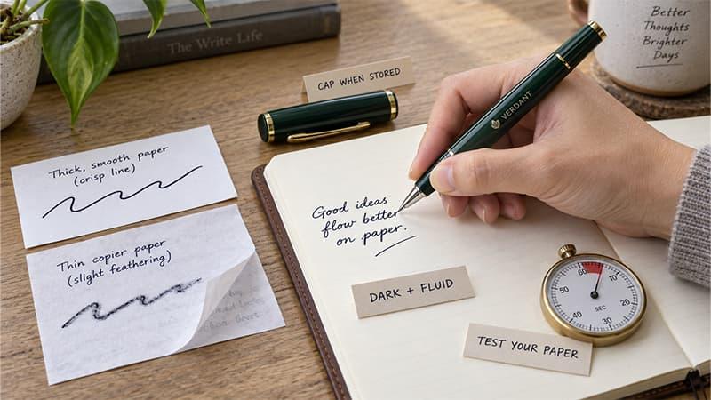 Rollerball pen writing a dark fluid line beside thick and thin paper samples showing crisp ink and slight feathering.