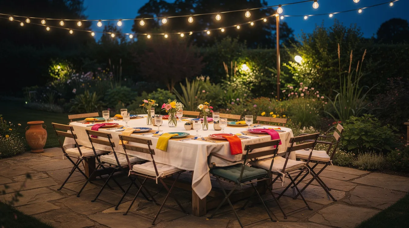 The image depicts a beautifully arranged backyard party setup, featuring a long dining table adorned with colorful place settings and surrounded by folding chairs. Overhead, string lights create a warm ambiance, perfect for outdoor gatherings with friends and family.