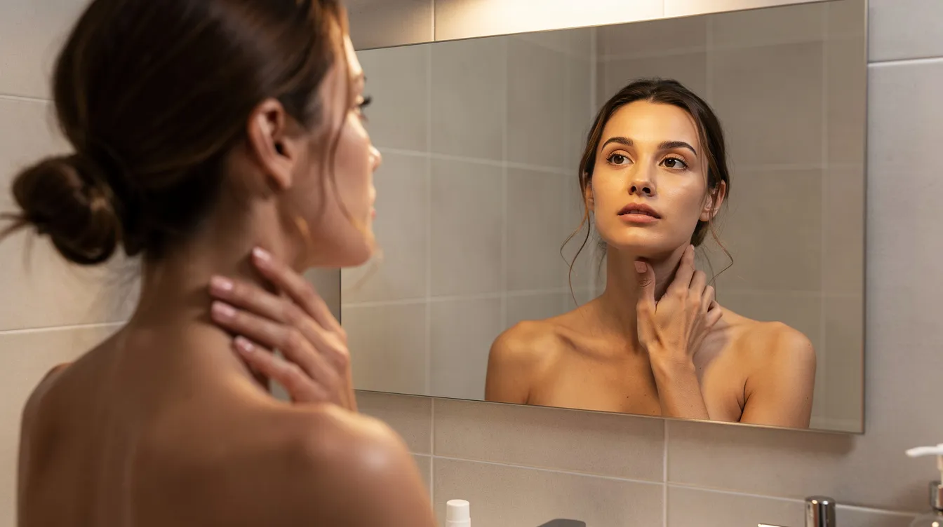 A woman is gently touching the side of her neck while looking in a mirror, reflecting on her skin texture and the visible neck bands that may indicate aging skin. Her thoughtful expression highlights concerns about skin laxity and the potential need for treatments like botox to improve the appearance of platysmal bands.