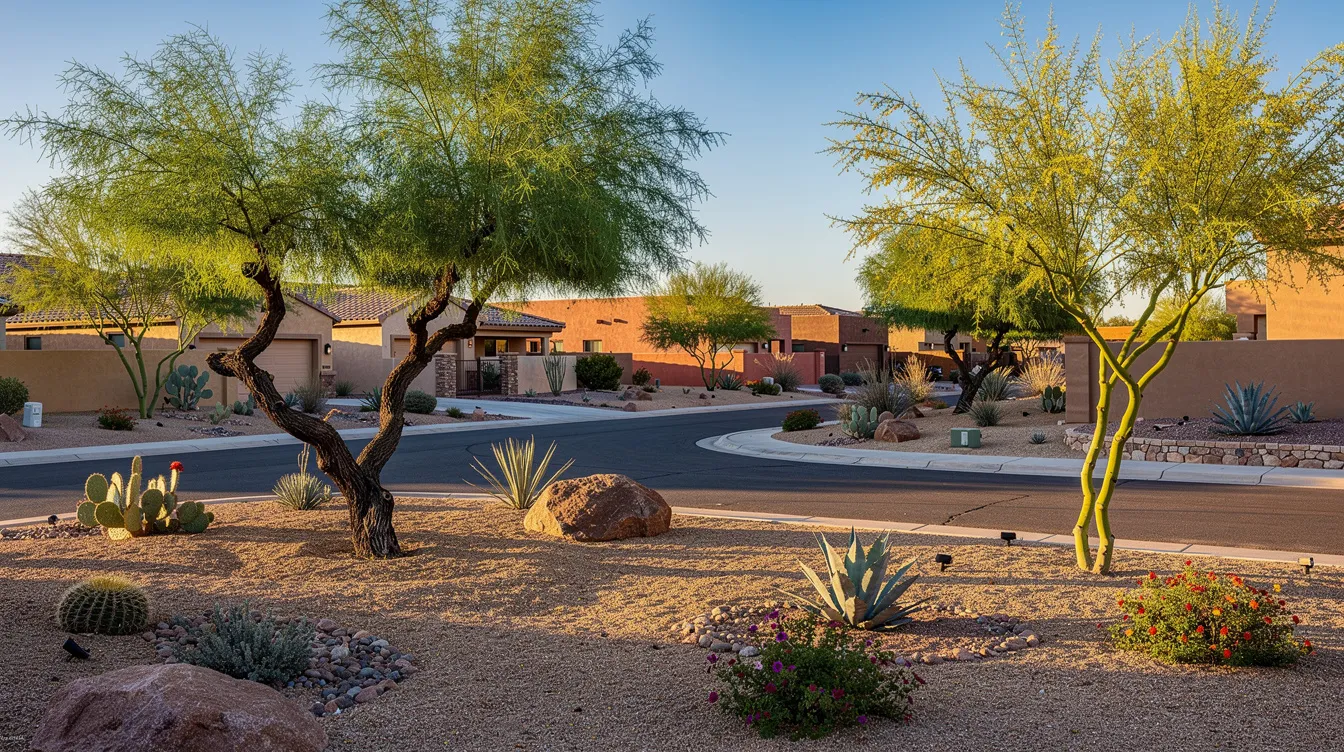 The image depicts a desert neighborhood landscape featuring mesquite and palo verde trees, showcasing their vibrant green foliage against a dry, sandy background. Proper tree care and regular tree trimming are essential for maintaining the health and beauty of these trees, enhancing the overall curb appeal of the property.