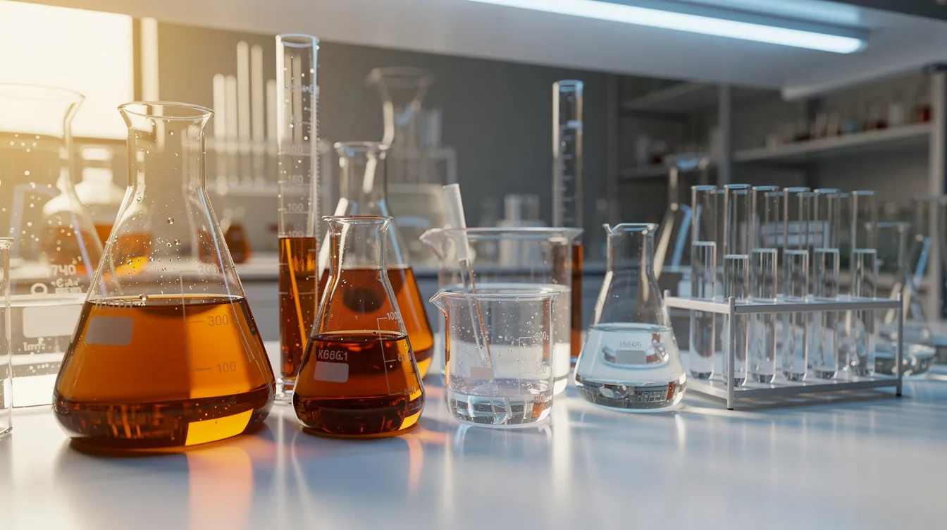 The image showcases laboratory glassware filled with amber and clear solutions, illuminated under varying lighting conditions that highlight their distinct colors. This setup may be used in research related to the health benefits of virgin olive oil and its potential effects on lifespan and health span in animal models.