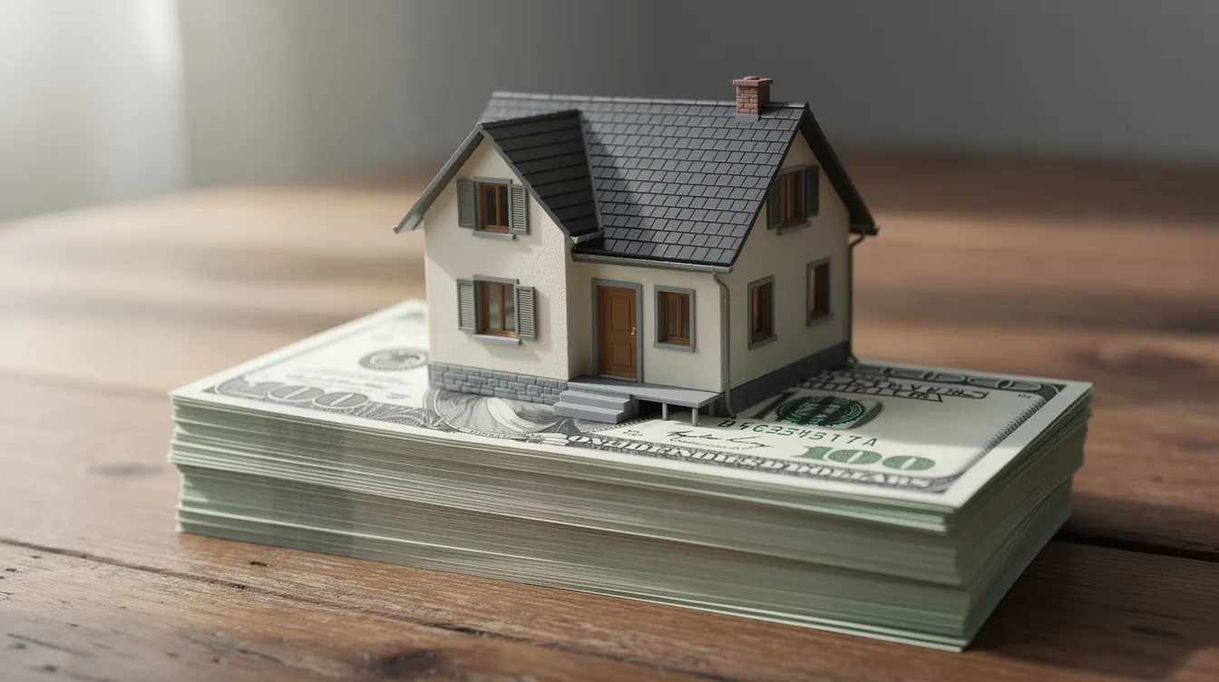 The image depicts a small model house perched on a stack of US dollar bills, all set against a wooden table backdrop. This visual symbolizes the relationship between real estate investment, hard money loans, and the financial backing often sought by real estate investors for their projects.