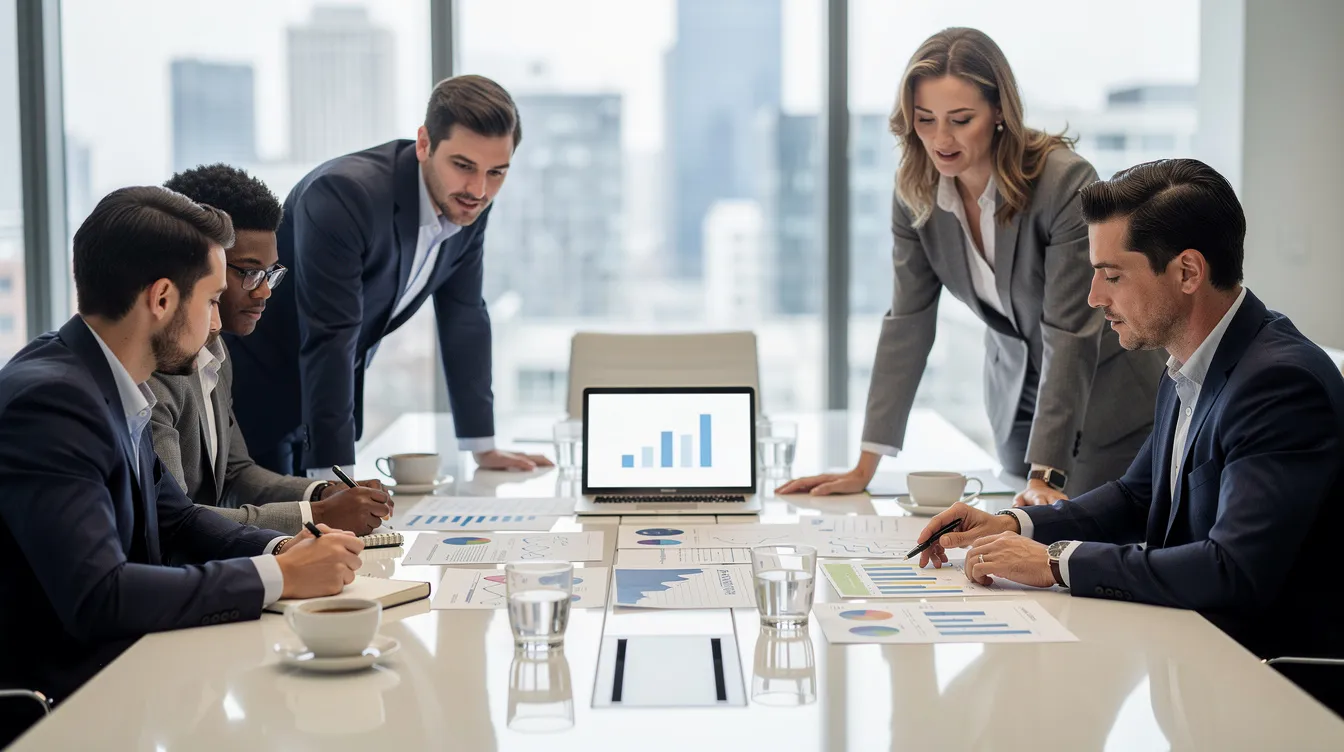 A diverse business team is gathered around a conference table, actively collaborating and reviewing documents, highlighting the importance of digital trust in an era where deepfake technology and artificial intelligence pose emerging threats to authenticity and security. Their engagement emphasizes the need for trained professionals to address concerns related to financial fraud and identity verification in today's digital systems.