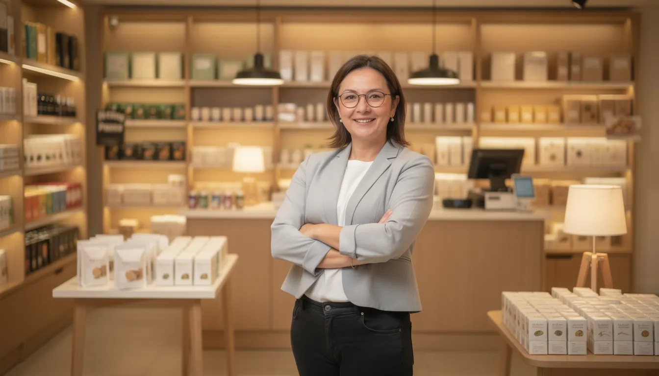 A confident figure of local retail shop owner stands inside their neatly organized store, surrounded by warm ambient lighting and well-stocked shelves. The scene reflects financial stability and optimism for the future, additionally showcasing the growth and investment in their small business.
