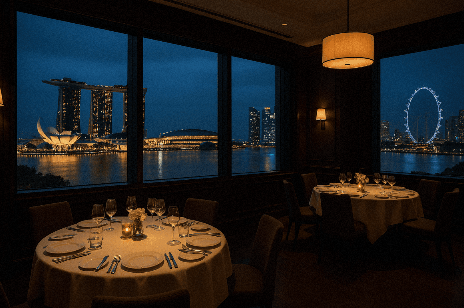 Elegant dining room in Singapore offering panoramic skyline views of Marina Bay Sands, ArtScience Museum, and the Singapore Flyer at night. This romantic restaurant with a view features candlelit tables, gourmet dishes, and signature cocktails, ideal for rooftop dining, private dining rooms, or a special dinner. Located in the Marina Bay area near Marina Bay Financial Centre, Downtown Singapore, Sentosa Island, Mount Faber Peak, Ocean Financial Centre, Customs House, Collyer Quay, Civic District, Raffles Place, and OUE Bayfront, it ranks among the best rooftop restaurants and bars in the city. Perfect for happy hour, weekday lunch, or alfresco dining, with sweeping vistas, city lights, and stunning views of the Singapore skyline. A must-visit destination for dining with a view Singapore, featuring modern Asian cuisine, European classics, and an impressive selection curated by Executive Chef Sam Chin and Executive Chef Oliver Hyde.