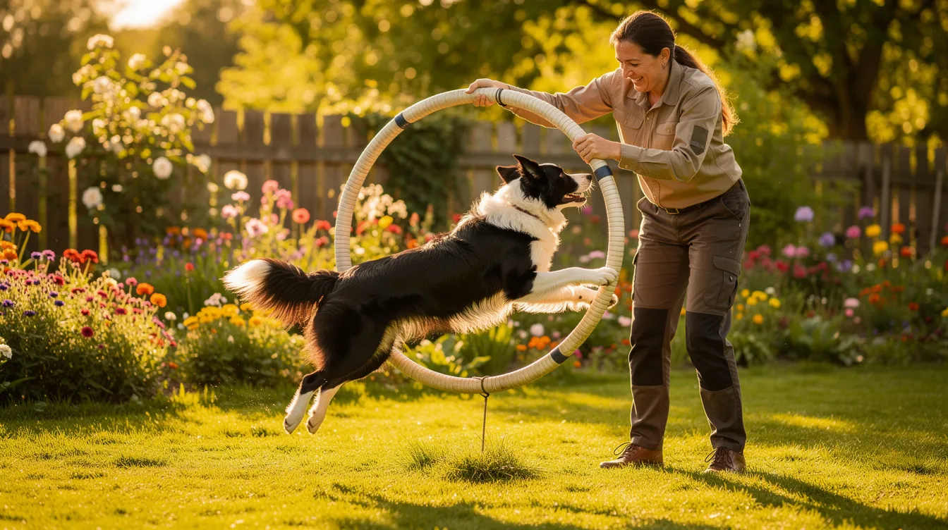 A border collie is joyfully performing a trick with its owner in a sunny garden, showcasing the bond developed through positive reinforcement during their training sessions. The scene captures the essence of dog training, highlighting the fun and rewarding nature of teaching tricks in a pleasant outdoor environment.
