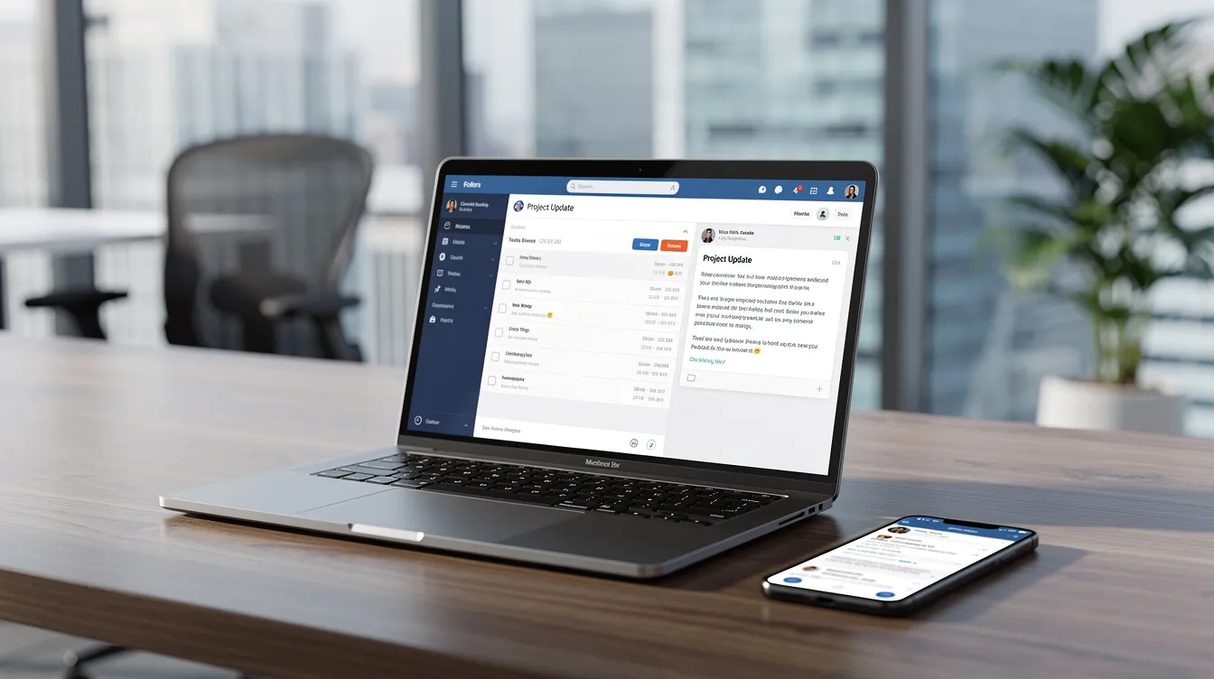 The image shows a professional office environment featuring a laptop displaying an email interface next to a smartphone. This setting highlights the importance of communication tools like WhatsApp, which can be susceptible to scams and data breaches if not properly secured.