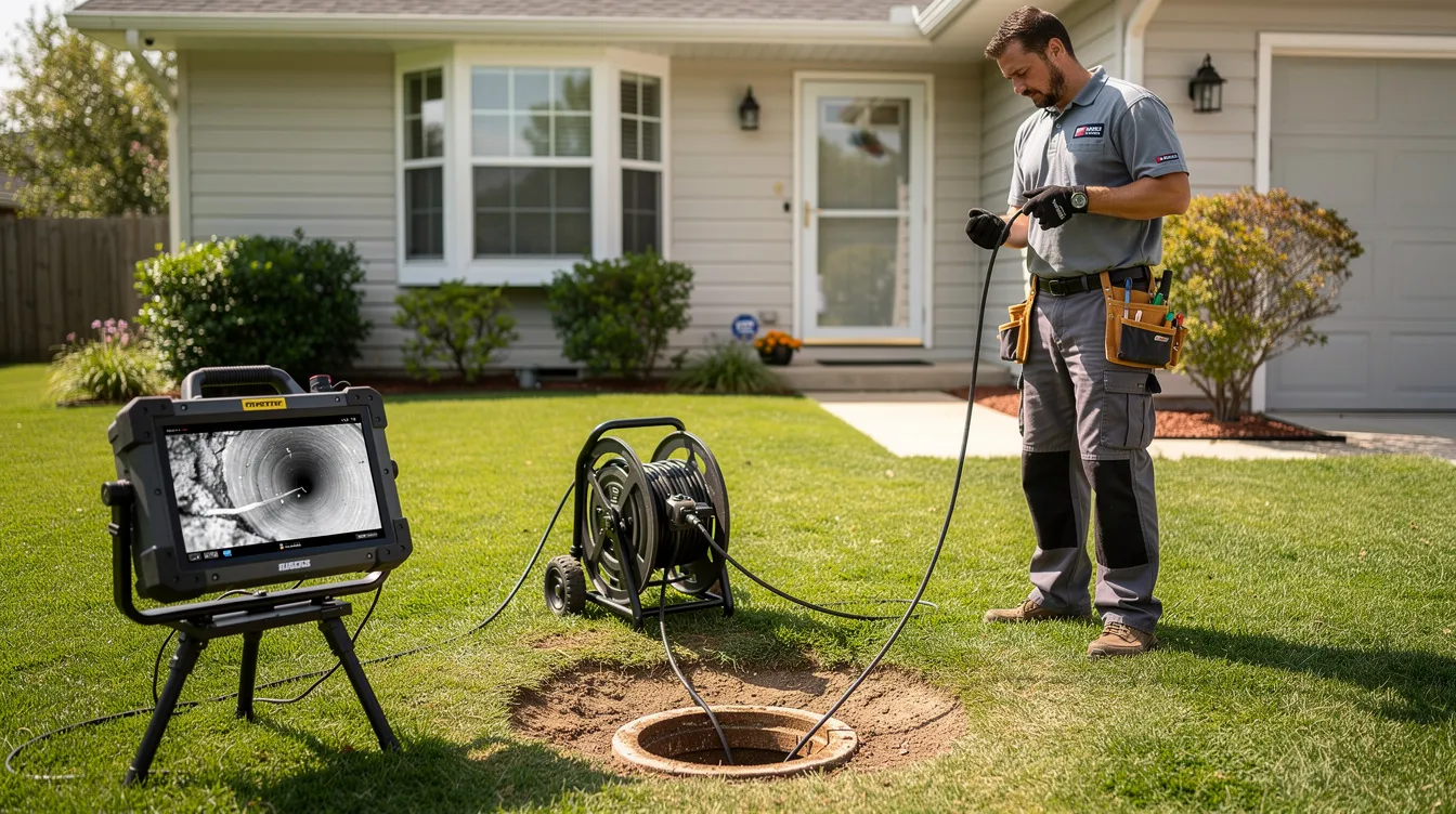 A technician is using a sewer camera inspection tool near an exterior cleanout in a residential yard, assessing the existing sewer line for potential issues such as clogs or tree root intrusion. This professional plumbing service aims to prevent sewage backups and ensure the proper functioning of the sewer system.