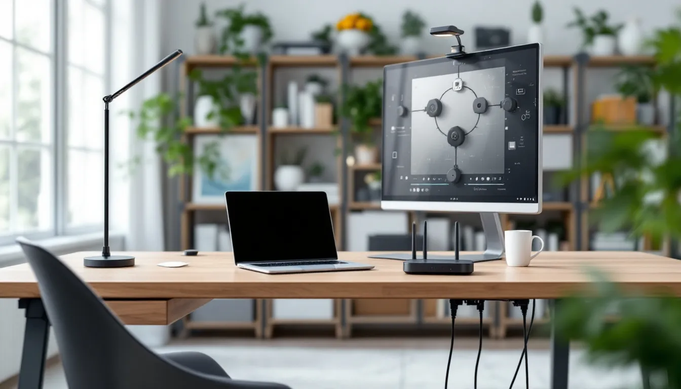 The image depicts a modern home office setup featuring a sleek desk with a laptop, an Xbox wireless controller, and a headset, all connected to a reliable Verizon 5G home internet service. The space is well-organized, emphasizing a comfortable and efficient environment for work and gaming.