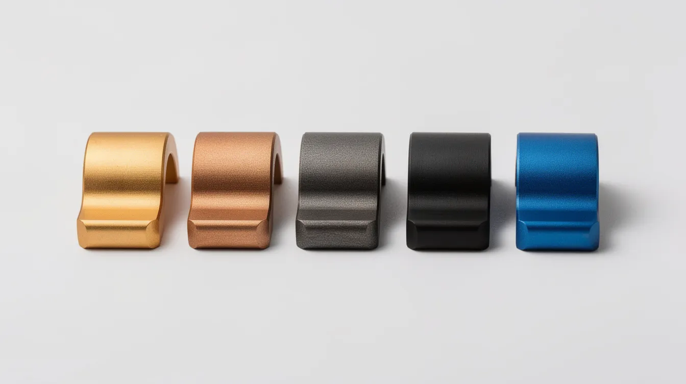 The image features a row of anodized aluminum prototype parts, showcasing a gradient of colors from gold to black to blue, highlighting the versatility in the prototyping tools used during the product development process. These high-fidelity prototypes exemplify the advanced features and customization options available for creating interactive components in design systems.